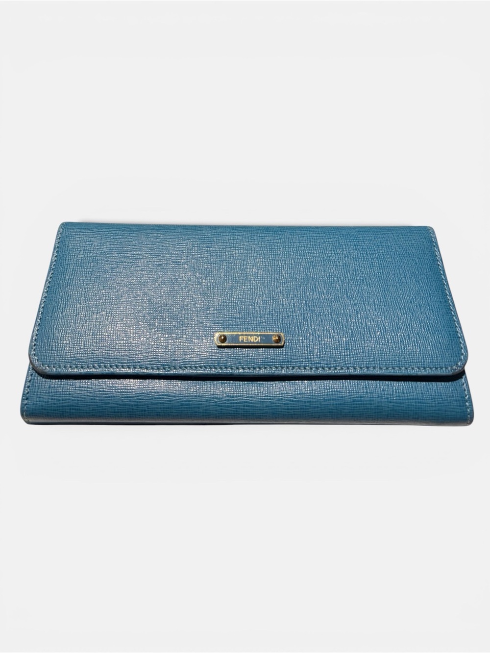 Fendi Blue Leather Continental Wallet with Gold Logo Plaque
